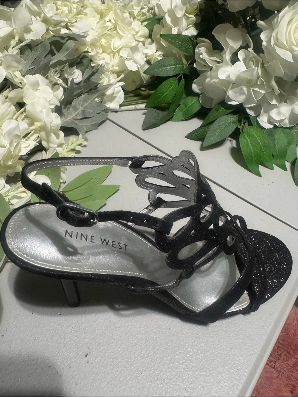 Nine West Black Glitter Cutout Slingback Heels